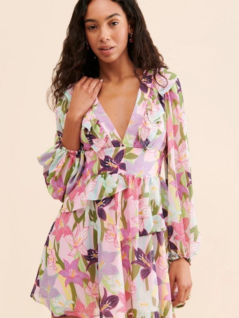 Hutch Anthropologie Floral Ruffle Mini Dress Pink Long Sleeve Size 8 Preppy Boho